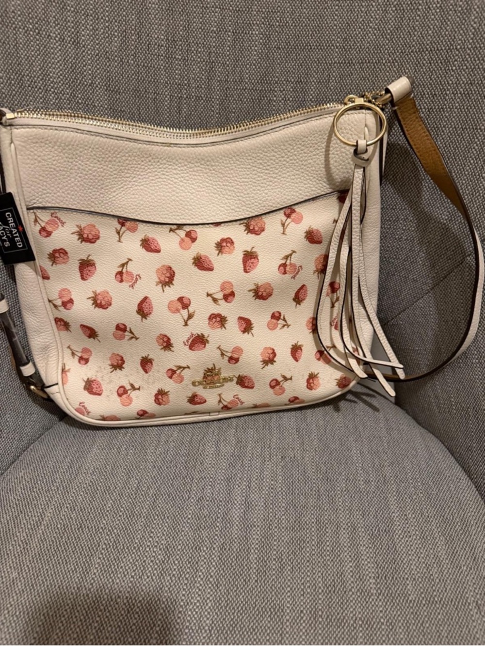 Coach Cream Leather Shoulder Bag with Pink Strawberry Print